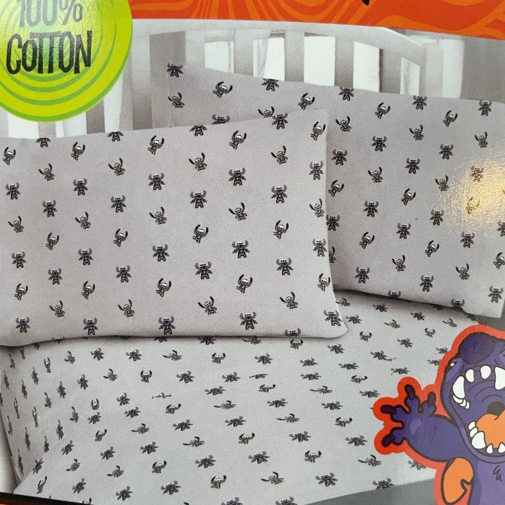Disney Stitch Halloween Full Sheet Set 100% Cotton Skeleton Print 4 Piece NEW